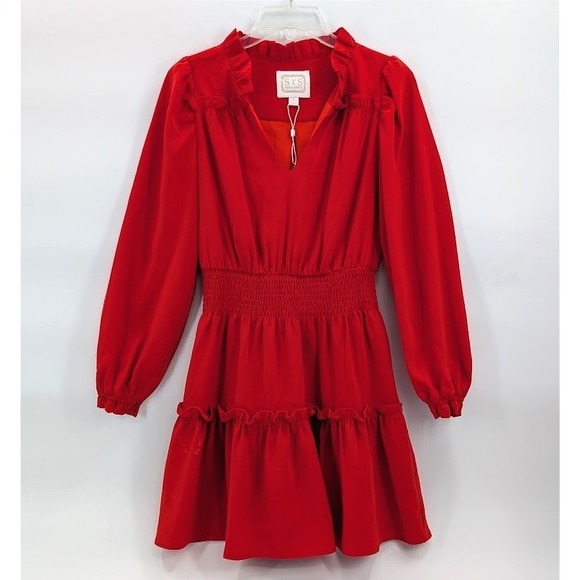 Sail to Sable Dresses & Skirts - STS Sail to Sable Red Smocked Waist Dress Tiered Mini Ruffle V Neck XS Prom Hoco